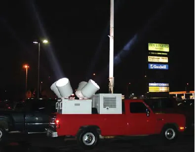 Four beam Hollywood searchlights shining bright spotlight beams into the night sky at a Chicago event