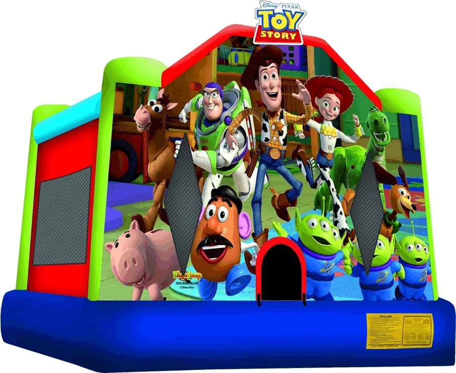 Toy Story themed bounce house featuring Woody, Buzz Lightyear, Jessie and friends for kids' parties