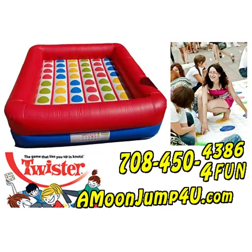 Giant inflatable Twister game rental with spin wheel and colored circles on a cushioned air mattress