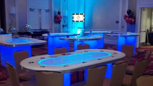 Glowing LED casino night tables including stand-up Black Jack and Roulette for a Chicago casino party