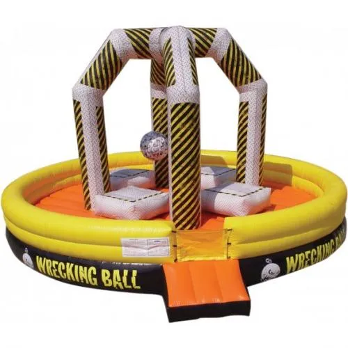 Inflatable Wrecking Ball Deluxe game rental with construction-zone yellow and black colors for up to four players